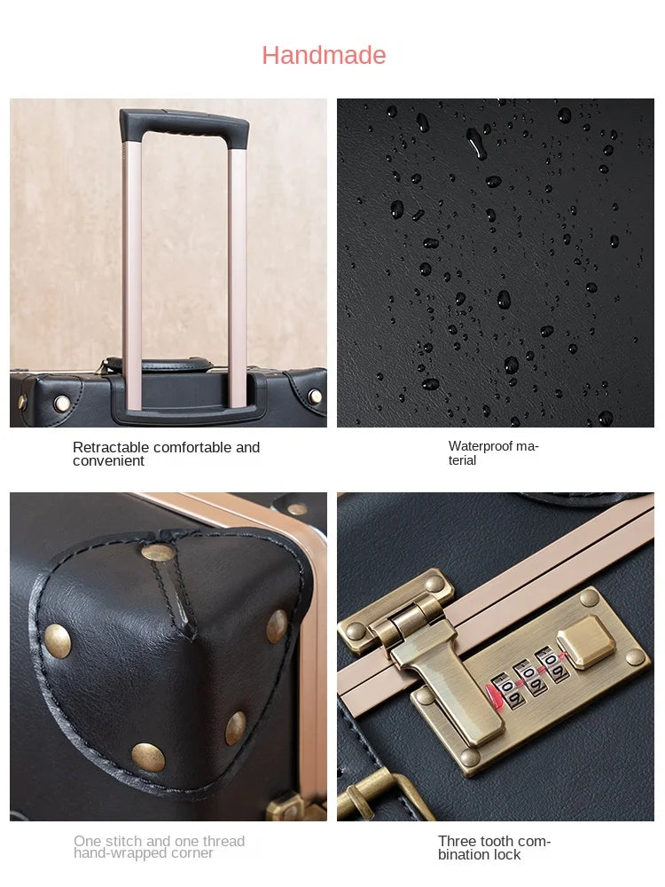 Classic Retro Suitcase 20/24/26inch PP+PC Travel Suitcase Large Capacity Handmade Leather Suitcase Travel Set with Makeup Case