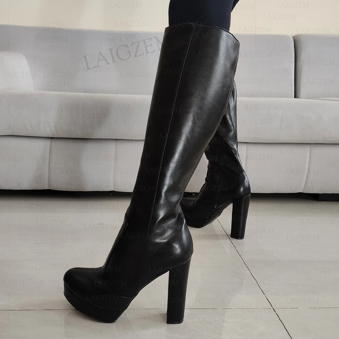 Knee-High Boots With Full Zipper — Black | KIMLUD