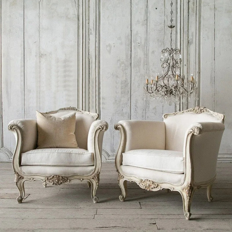 Velvet Sofa Three-Seat Carved Wood — Ivory | KIMLUD