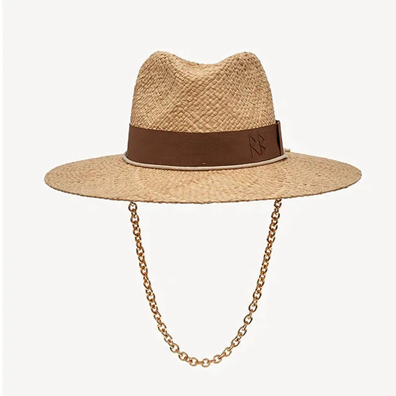 KIMLUD, Chain Strap Straw Fedora Hat  Embellished Beach Hats with Chain For Women Straw Woven Sun Hats Summer Holidaty Panama Hat, KIMLUD Women's Clothes