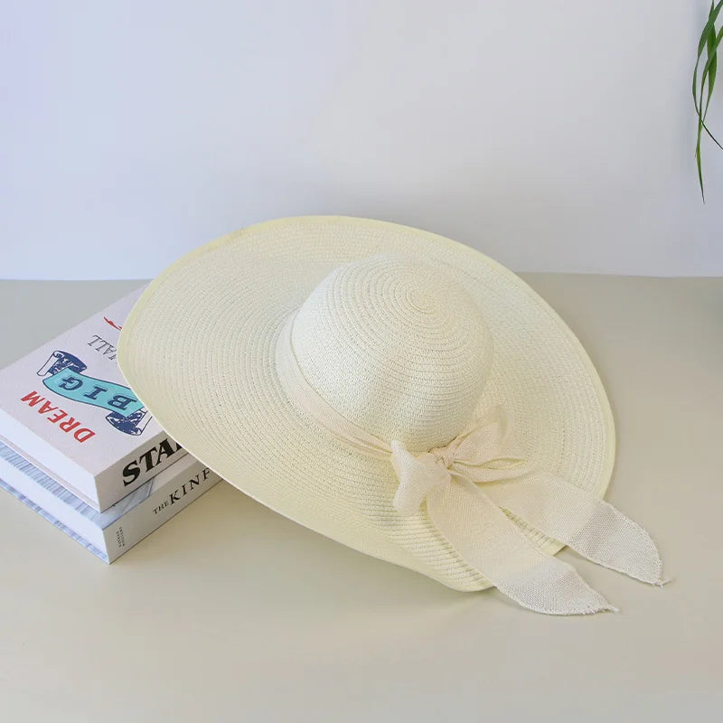 Straw Bow Hat Large Brim Sun Protective — Natural | KIMLUD