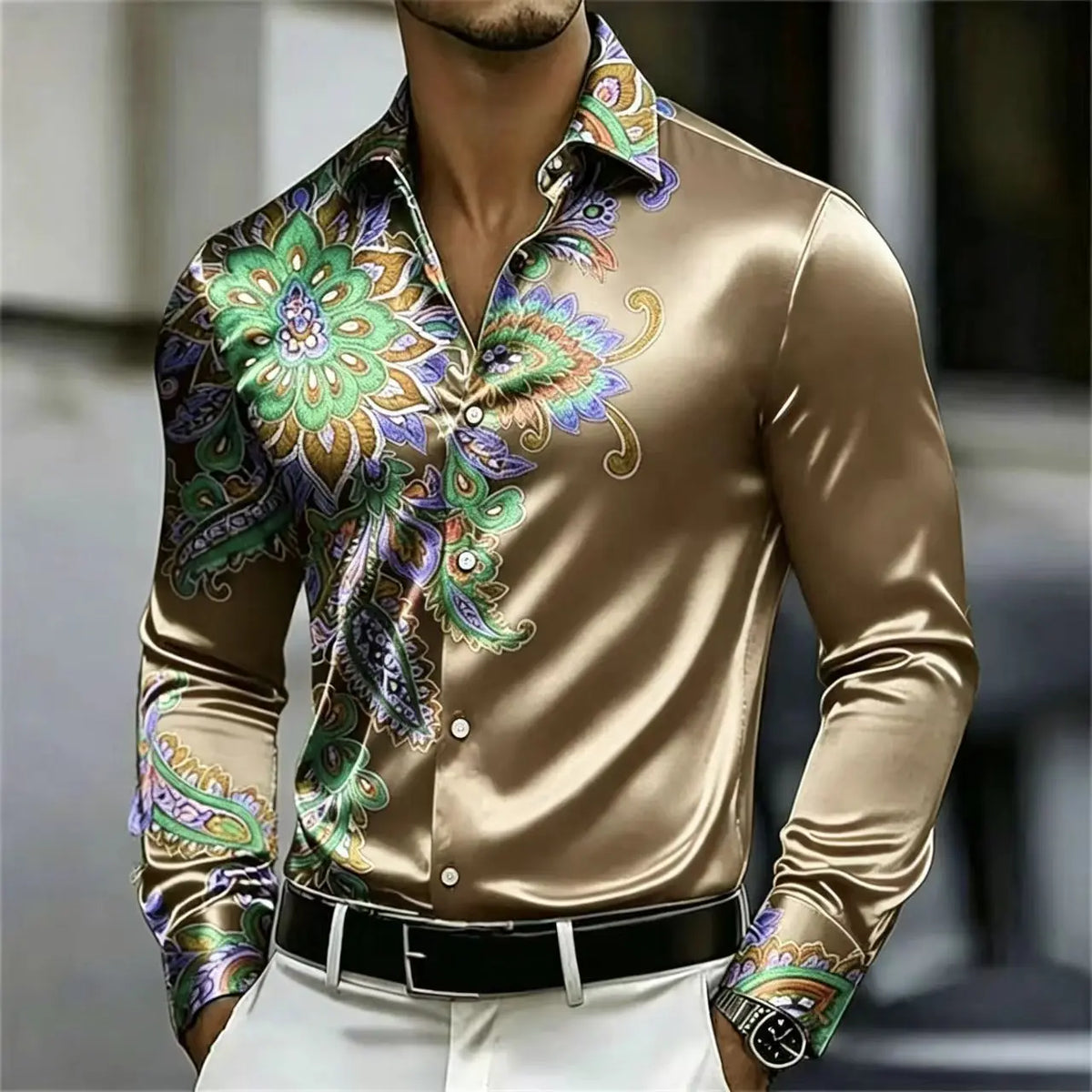 Men's Satin Paisley Print Shirt – Silk Polyester | KIMLUD