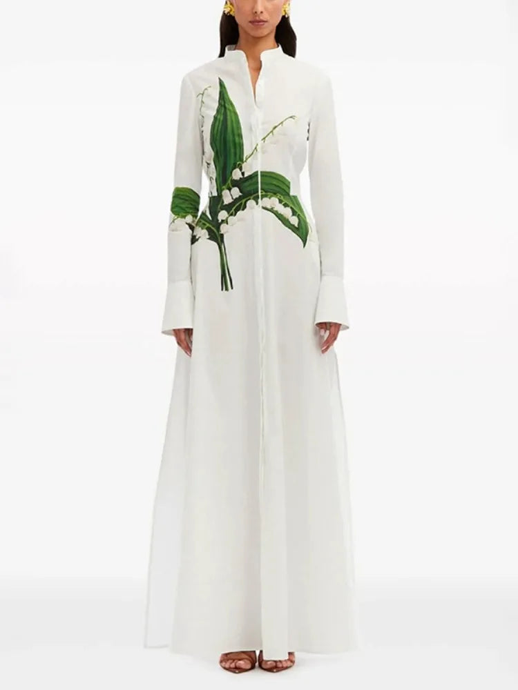 Women's Elegant Floral Printed Formal Office Shirts Dress Long Sleeves Buttoned Stand Collar Party Evening A-line Maxi Dresses