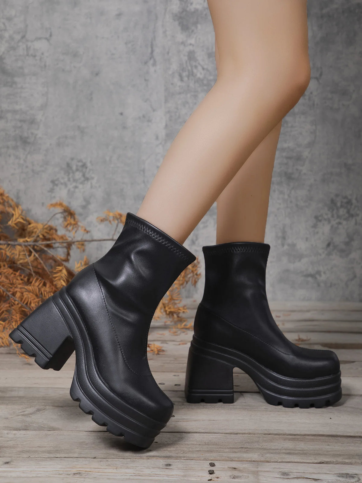 Ankle Boots – Platform Elastic Sock Boot – Patent Leather – Black | KIMLUD