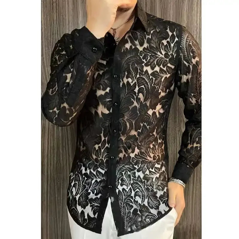 Sheer Polyester Shirt Slim-Fit Long Sleeve With Turn-Down Collar For Nightlife — White | KIMLUD