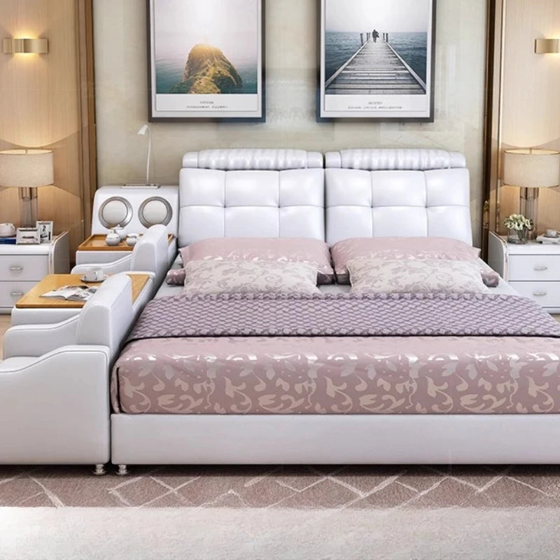 Upholstered Bed With Storage And Integrated Headboard In Minimalist Modern Silhouette — Ivory White | KIMLUD