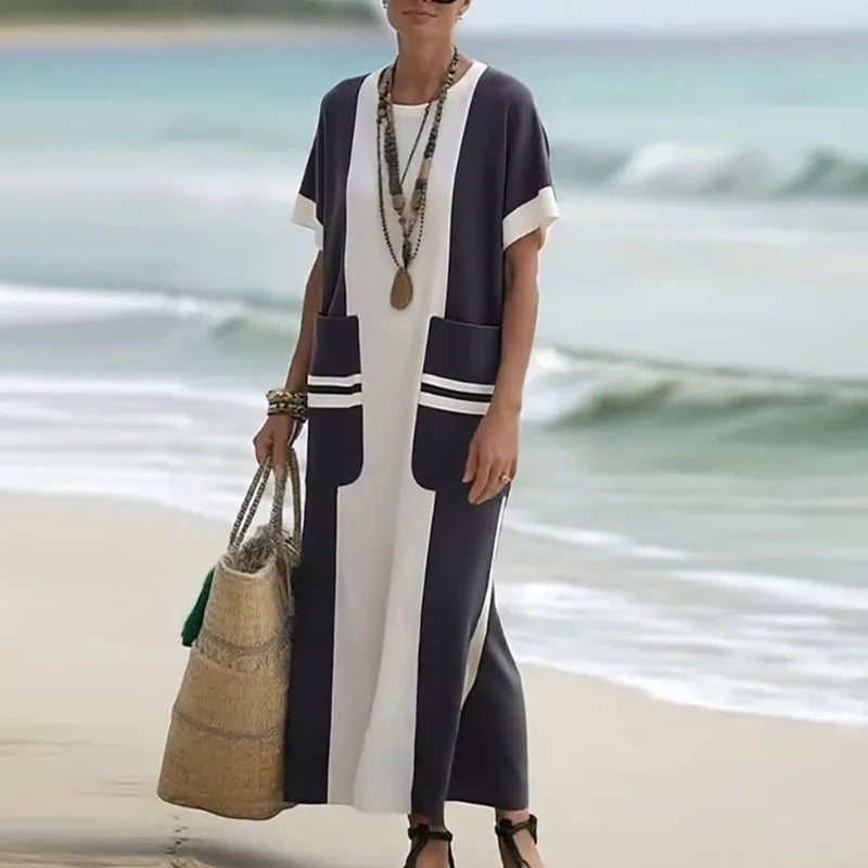 Spring Elegant Crew Neck Holiday Beach Dress Woman Chic Contrast Color Patchwork Long Dress Summer Short Sleeve Split Boho Dress