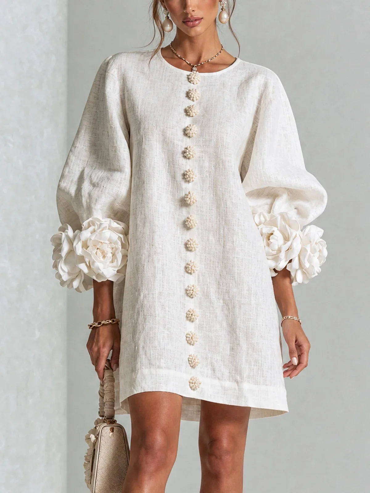 French-style Three-dimensional Flower Lantern Sleeve Cotton-linen Dress with a Round Neck, Single Button Closure, Loose Fit, and