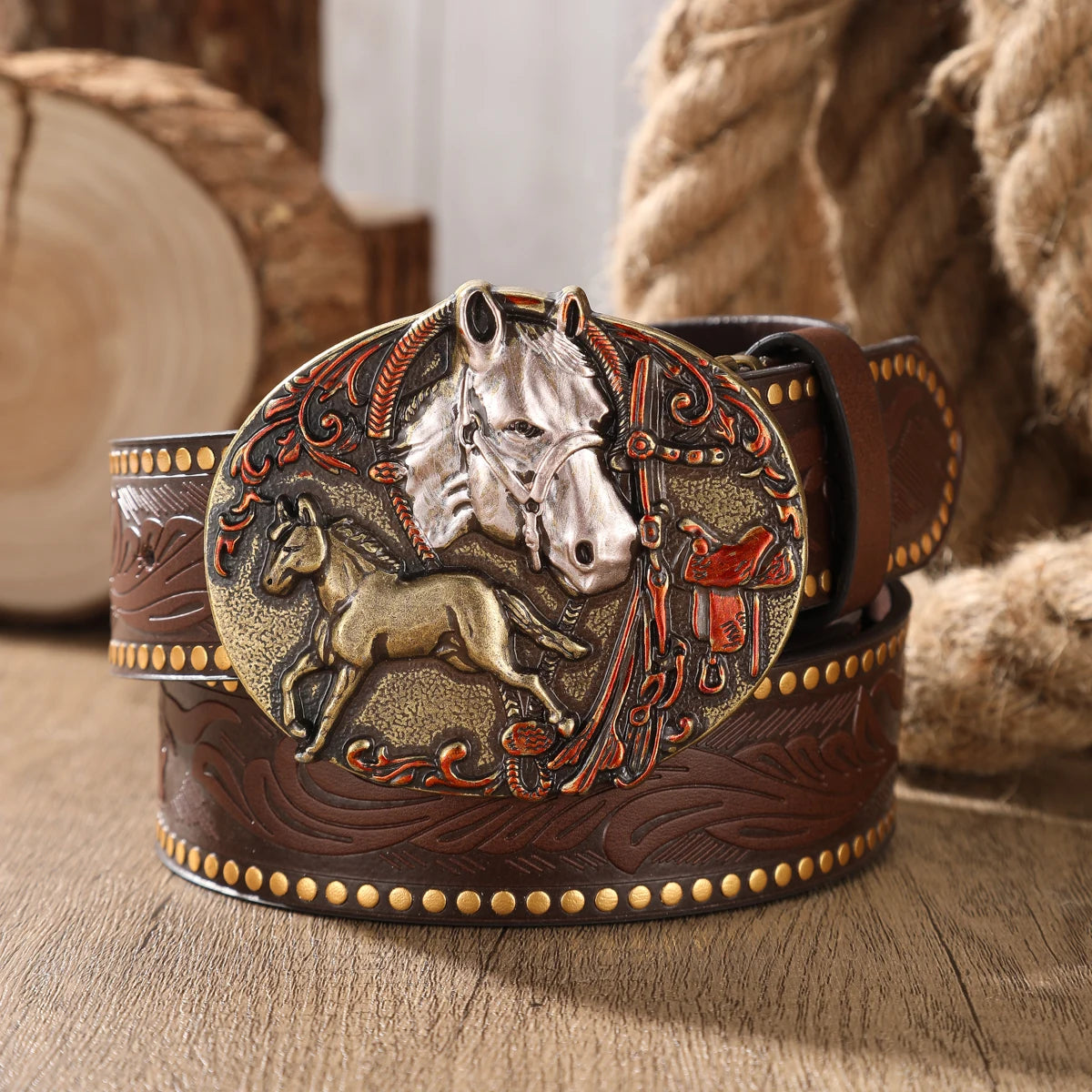 Retro Western PU Embossed Buckle Belt — Brown | KIMLUD