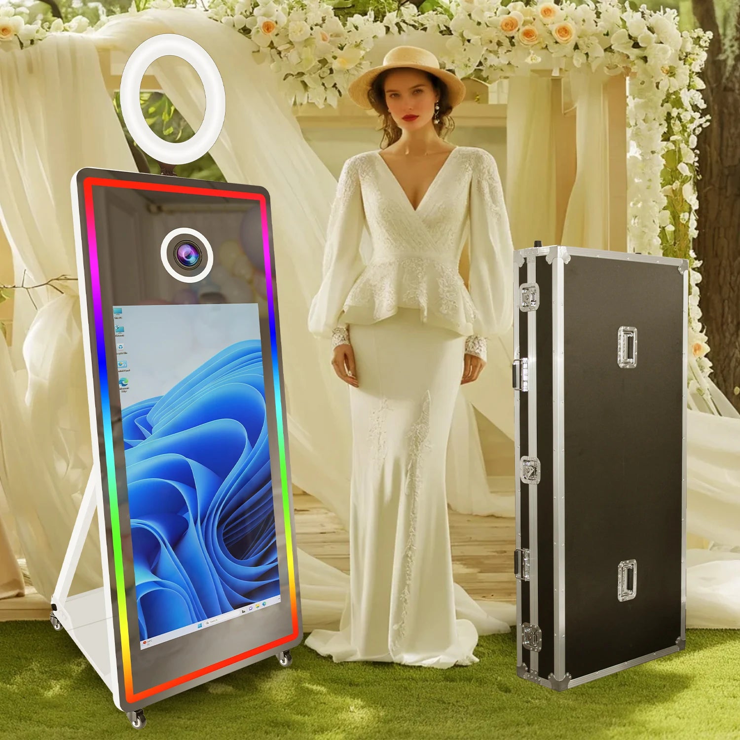 Metal-Glass Frame Portable Mirror Photo Booth 43 Inch With LED Edge Lighting — Black | KIMLUD