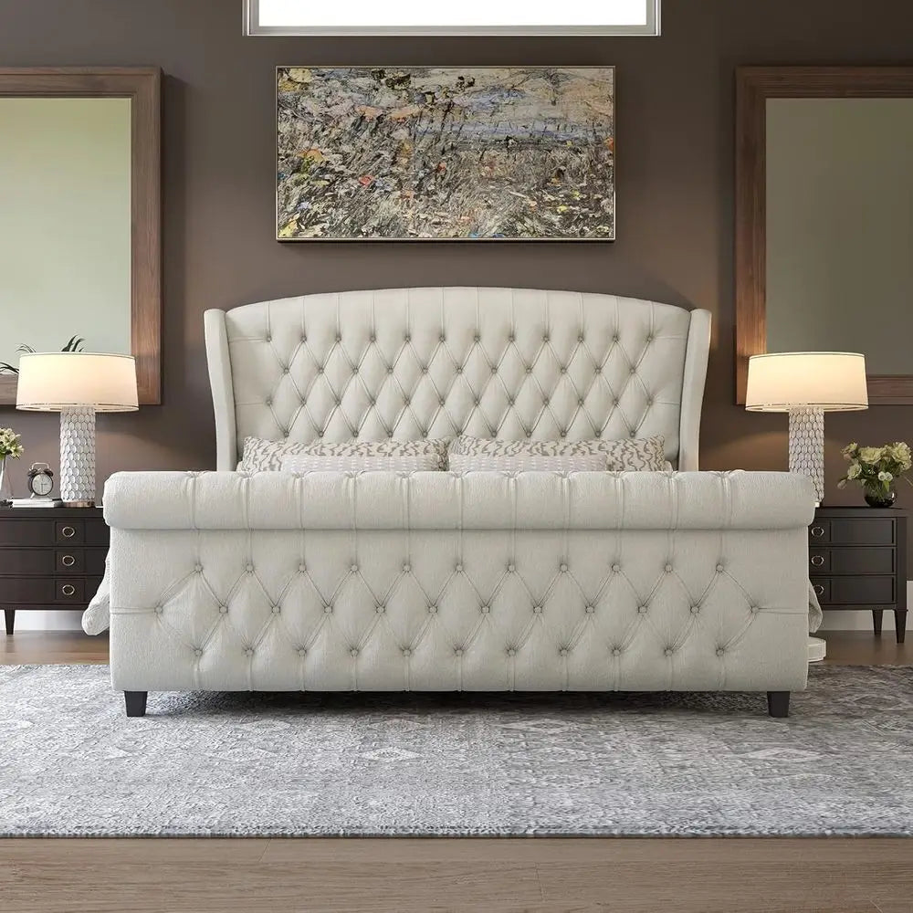 Chenille Upholstered King Size Platform Bed — Ivory | KIMLUD
