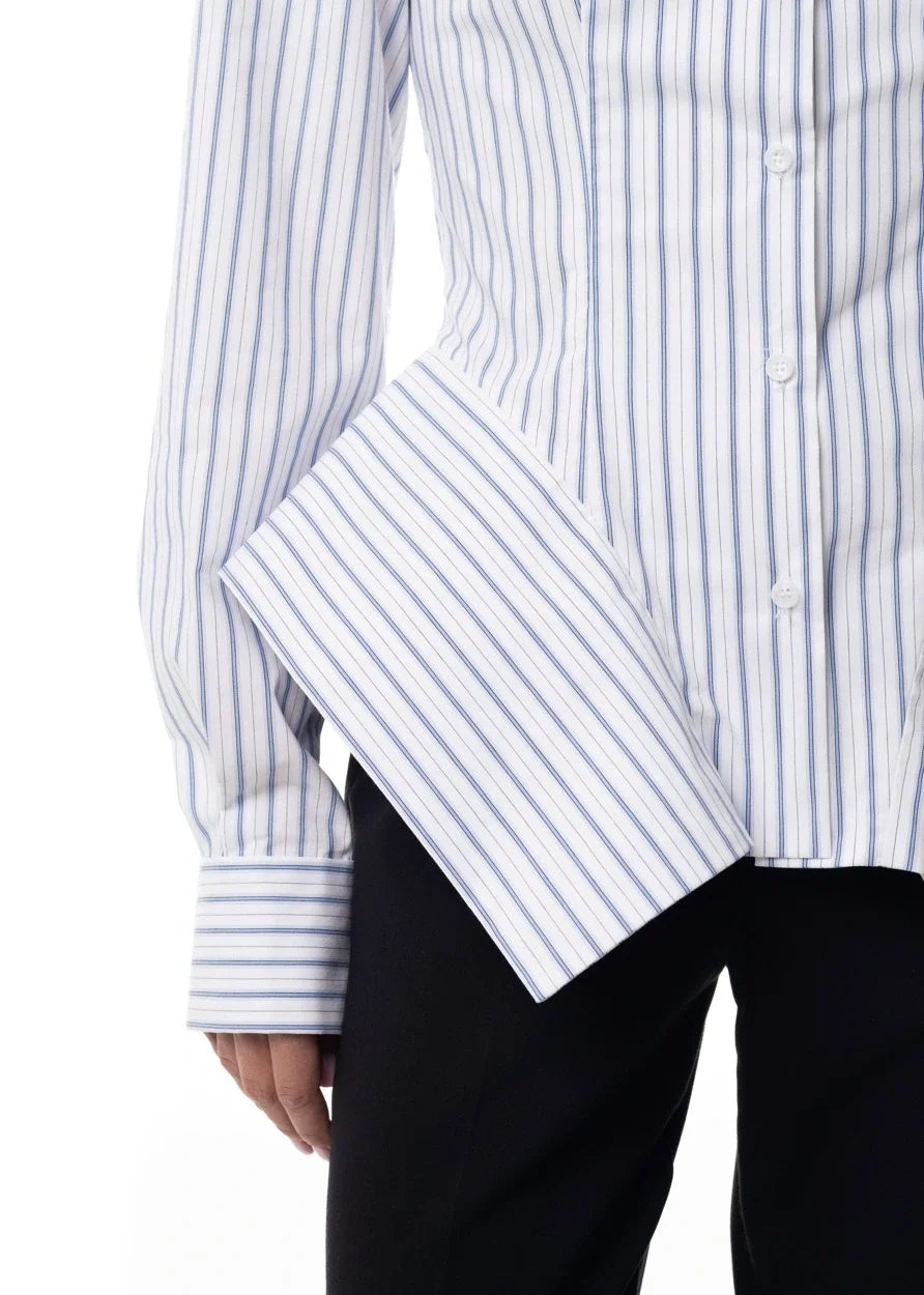 Collar Striped Shirt Asymmetrical Hem Cinched Waist — White | KIMLUD