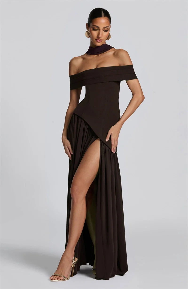 Mozision Off-shoulder Backless Sexy Maxi Dress Women Fashion Strapless Sleeveless Pleated Thigh High Split Club Party Long Dress