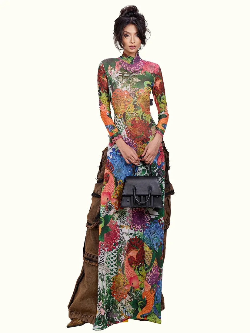 Polyester Top Plant Print Long Sleeve With High Split Hem — Multicolor | KIMLUD