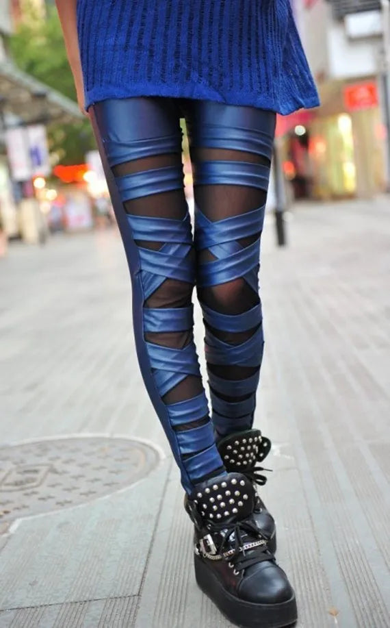 lady sexy punk rock metal leggings gothic lace up leggings night bar club ring cross legging fake leather riveet pant