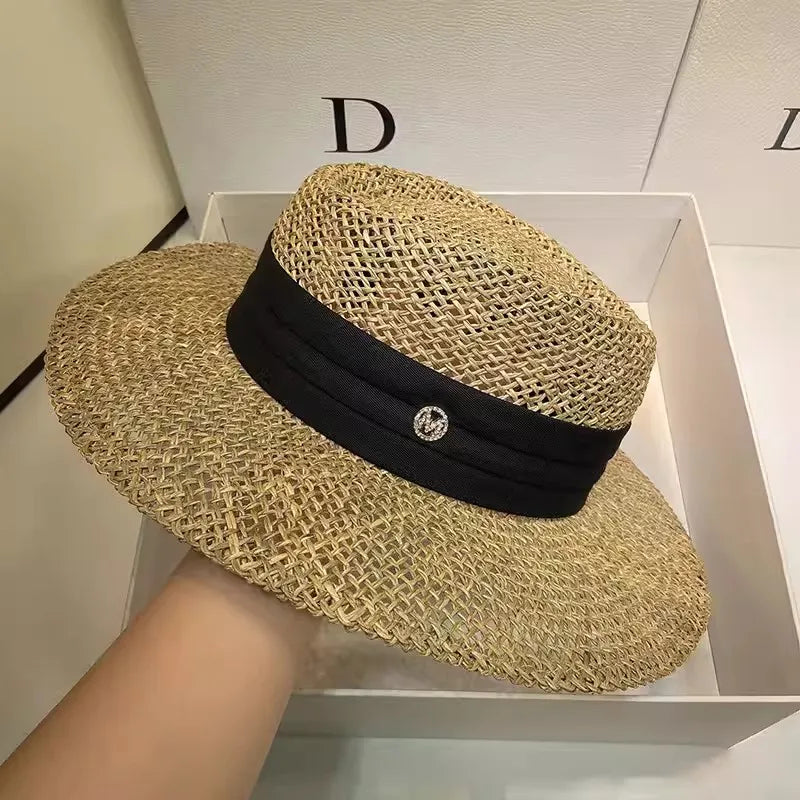 Ribbon Boater Straw Hat Sun Protection — Natural | KIMLUD