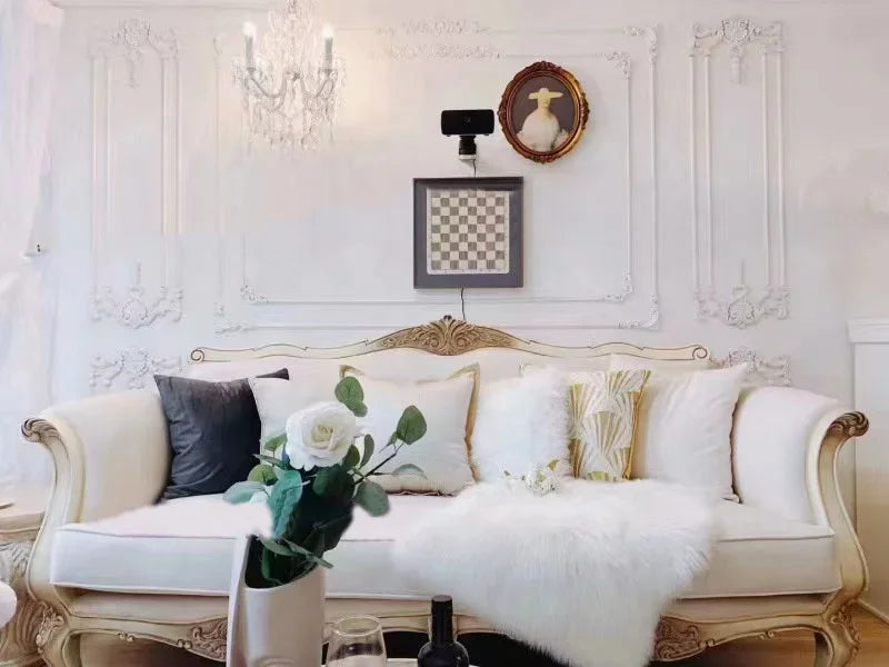 Velvet Sofa Three-Seat Carved Wood — Ivory | KIMLUD