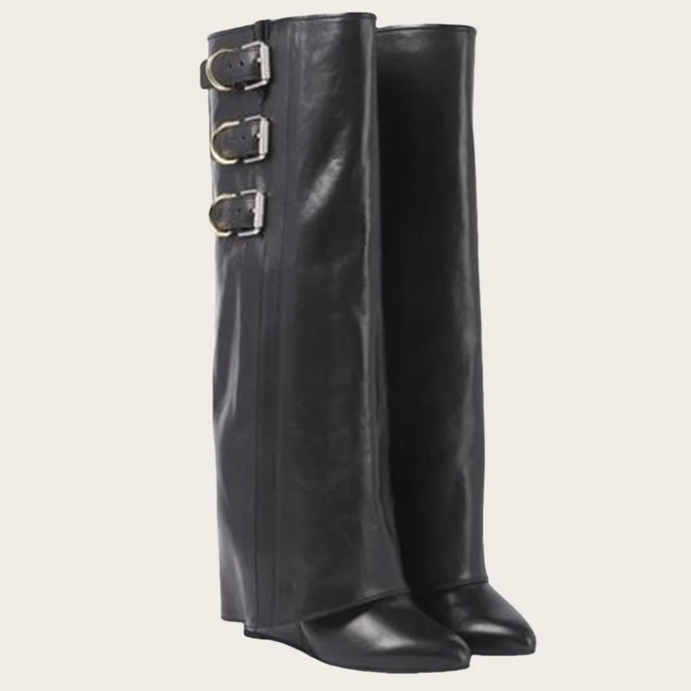 Sexy Fashion Women Fold Over Boots Pointed Toe Chunky Heels Multiple Metal Buckles Knee High Boots Nightclub Luxury Shoes
