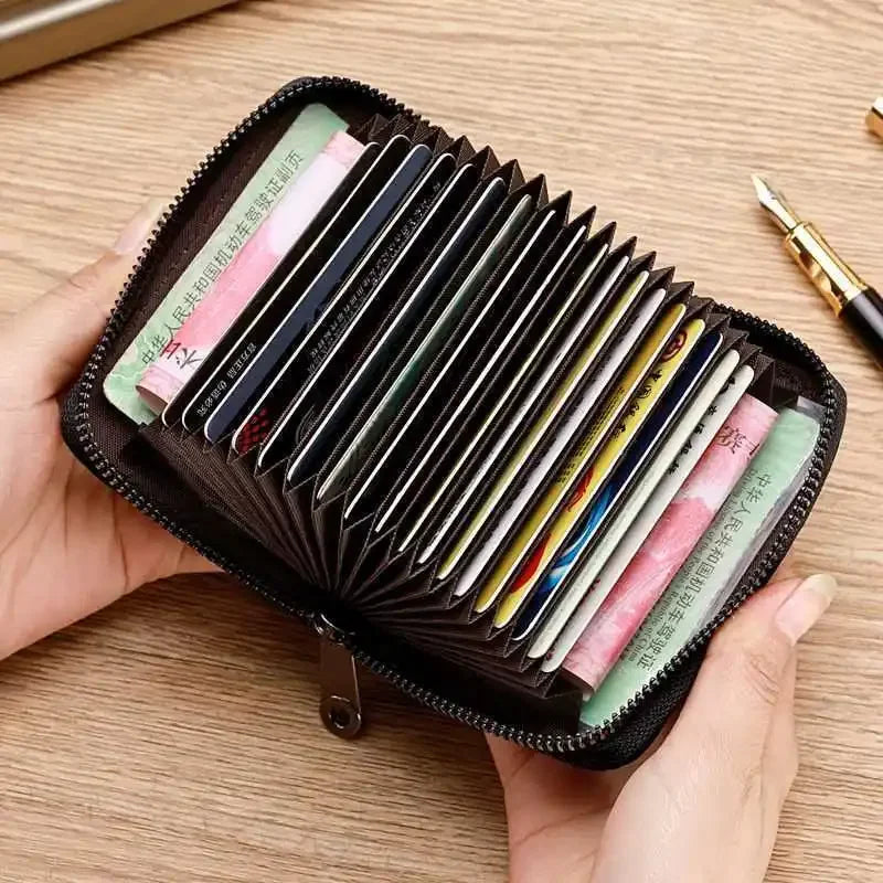 Vintage PU Leather Card Holder Wallet With Multi Slot Zipper — Black | KIMLUD