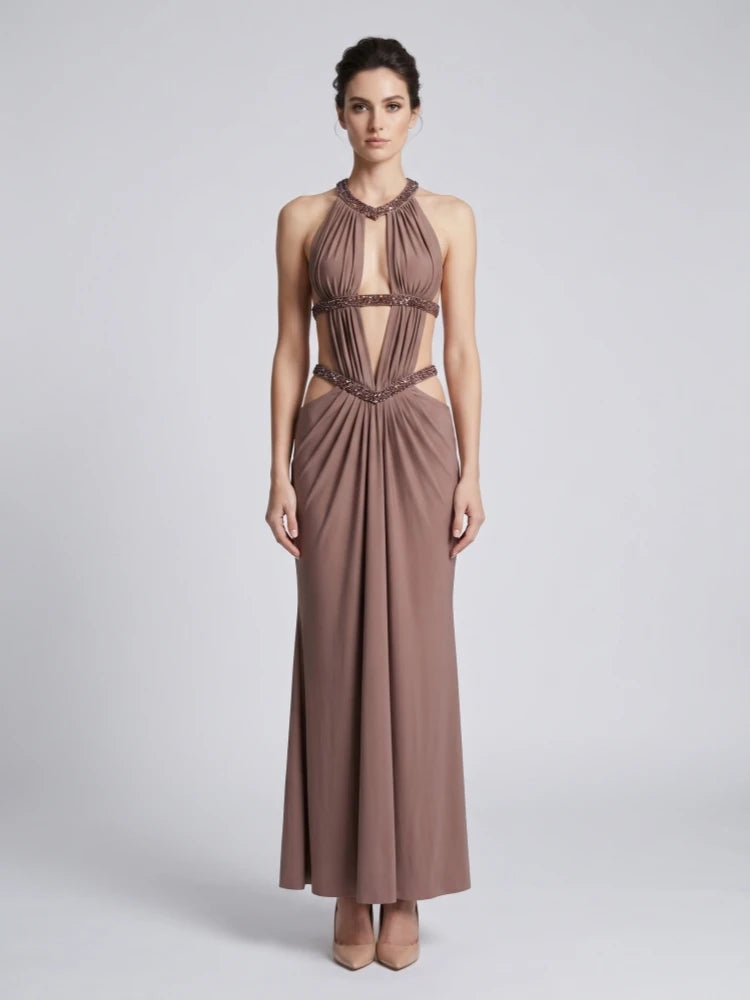 Sexy Straps Halter Neck Diamonds Cut Out Long Dress Women Browns Sleeveless Backless Slim Dresses Evening Party Cocktail Gowns