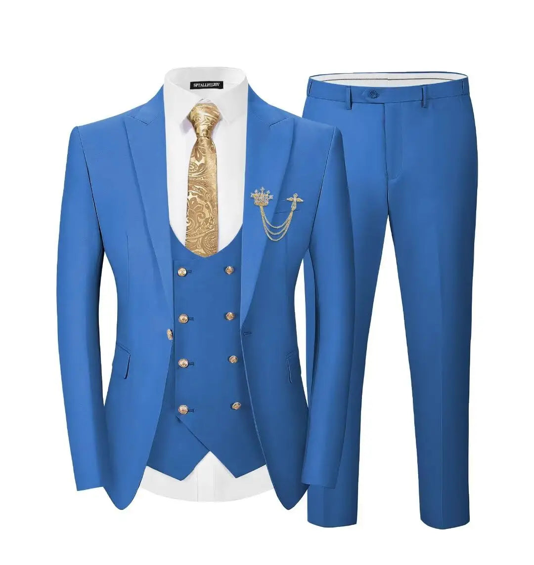 Men's 3-Piece Suit Set Classic One Gold Button Slim Fit Blazer Vest Pants Formal Business Wedding Wear