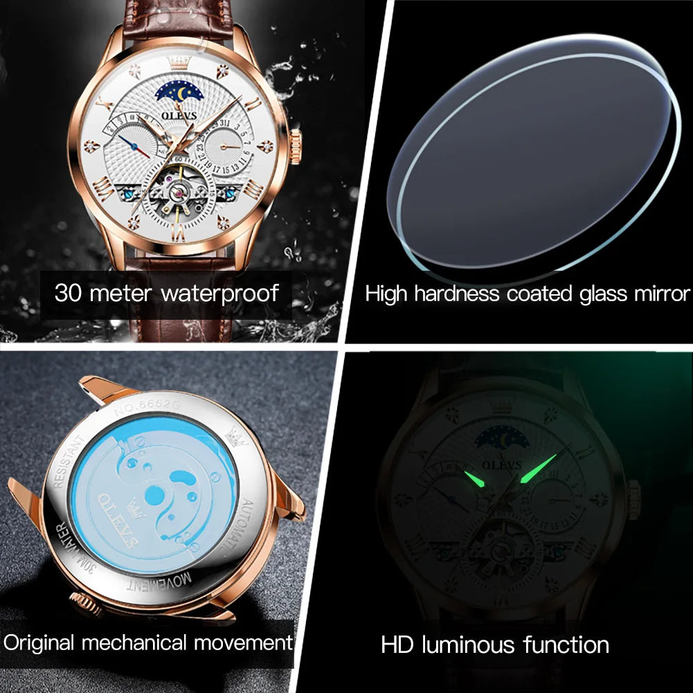 Leather Moon Phase Automatic Watch — Black | KIMLUD