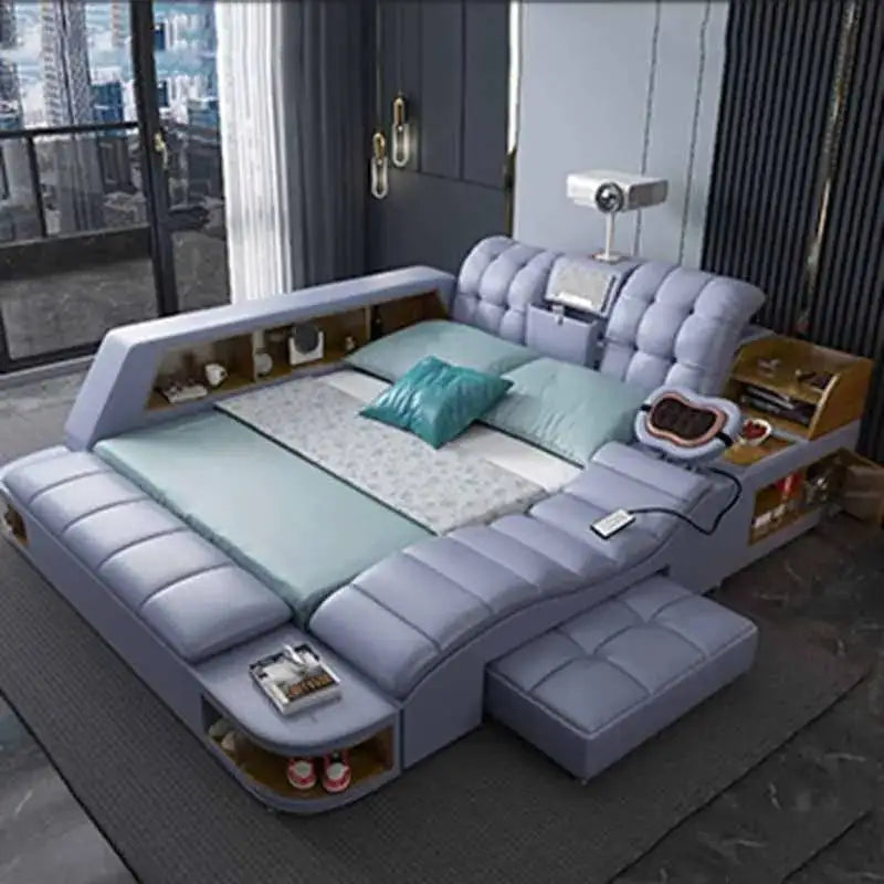 King Simple Double Bed Modern Headrest Storage Sleeping Queen Double Bed Smart Floor Luzko Wielofunkcyjne Furniture For Bedroom