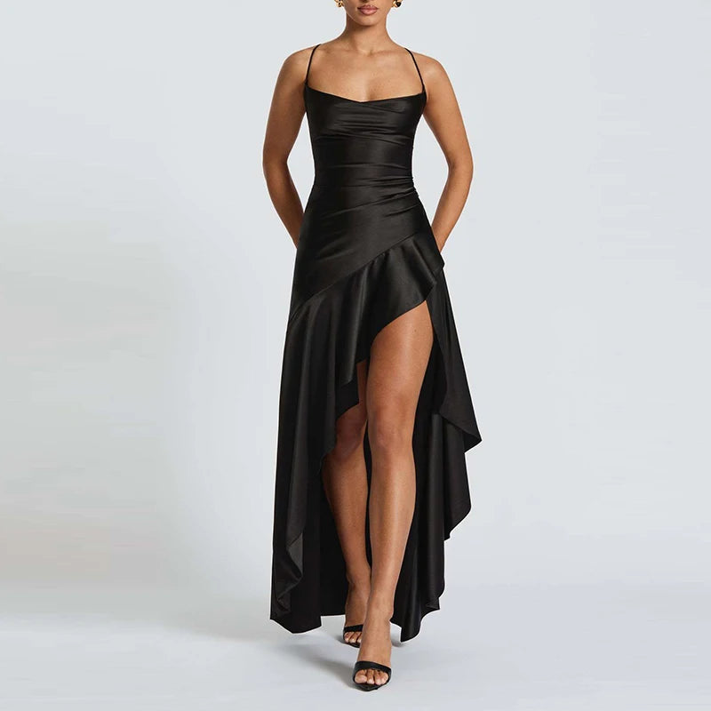 Banquet Luxury Irregular Solid Prom Gown Temperament High Waist Sleeveless Satin Dress Sexy Off Shoulder Slim Halter Long Robes