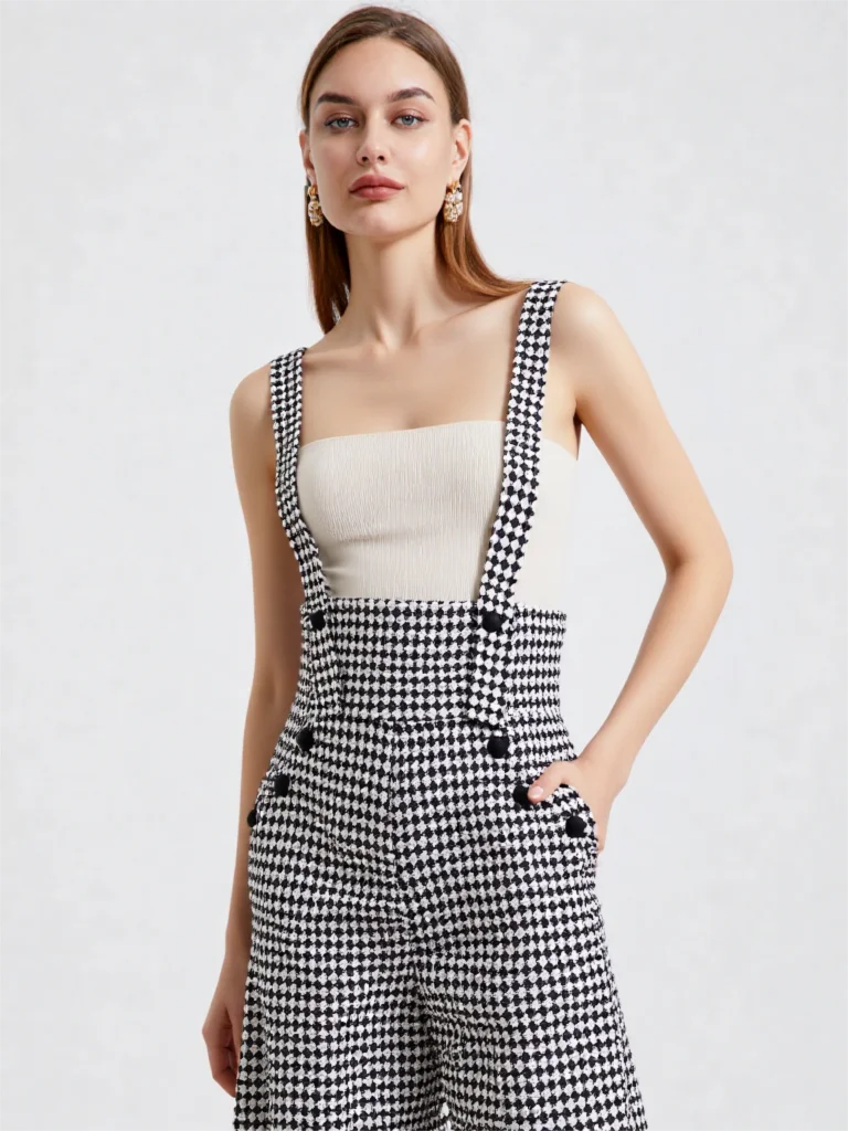 Wide-Leg Jumpsuit Vintage Suspender Silhouette — Black and White | KIMLUD