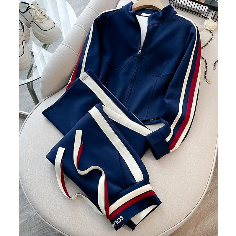 Blue Casual Sports Suit Women's Autumn and Winter Stylish Slimming Cardigan Sweatshirt Straight Leg Pants Two-piece Setpant Sets