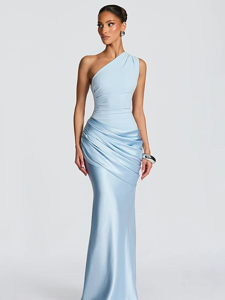 Skew-Collar Long Dress High-Waist — Light Blue | KIMLUD