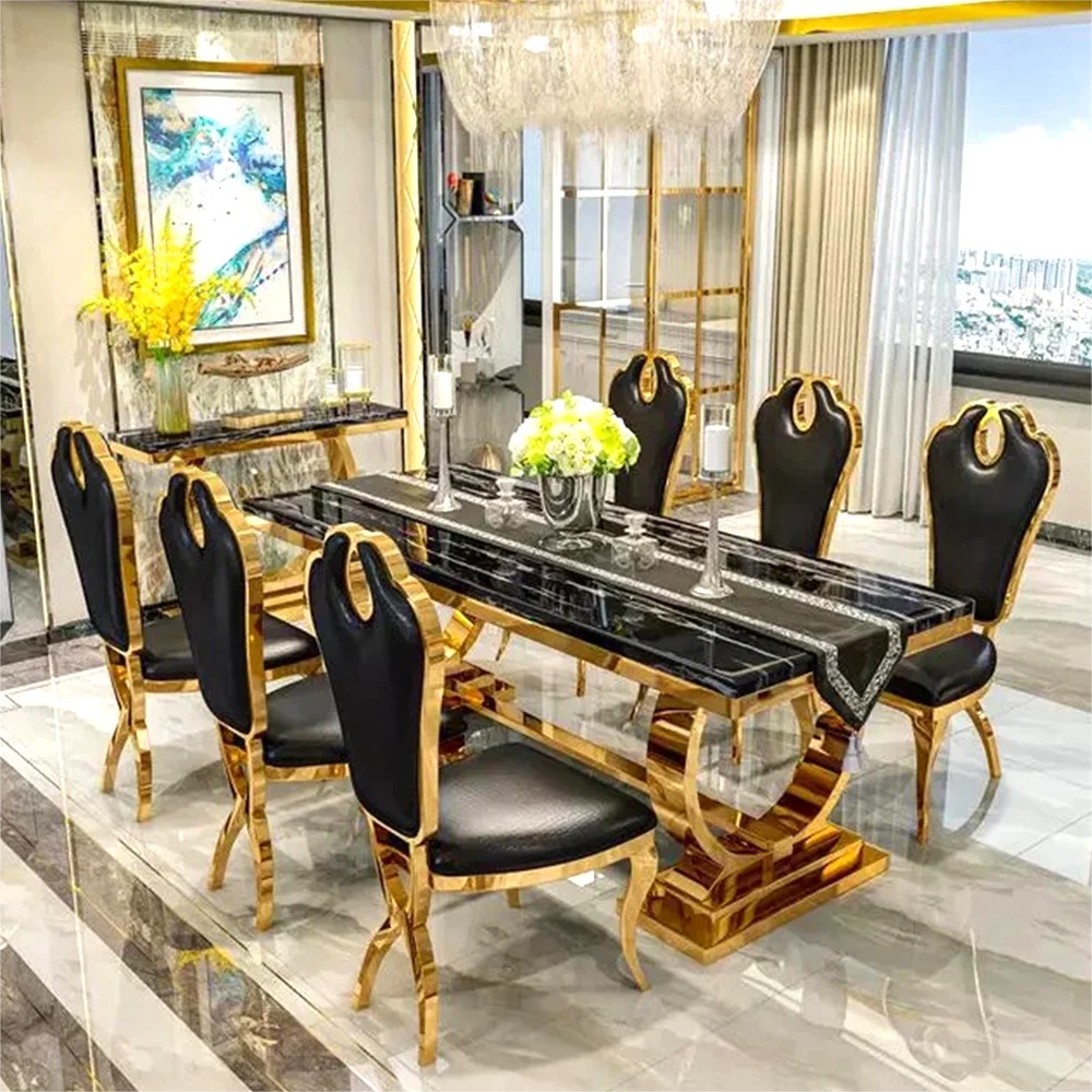 Marble Top Dining Table Set Rectangular Modern Design With Stainless Steel Frame And Four Chairs — Silver | KIMLUD