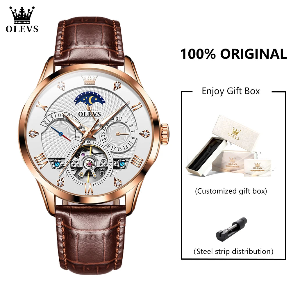 Leather Moon Phase Automatic Watch — Black | KIMLUD