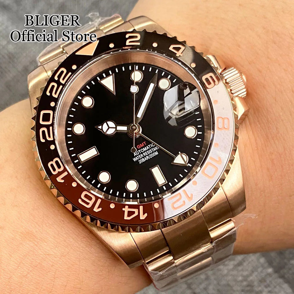 20ATM Waterproof 40mm Rose Gold NH34 GMT Automatic Watch For Men Steel Strap Ceramics Bezel Sapphire Glass Luminous