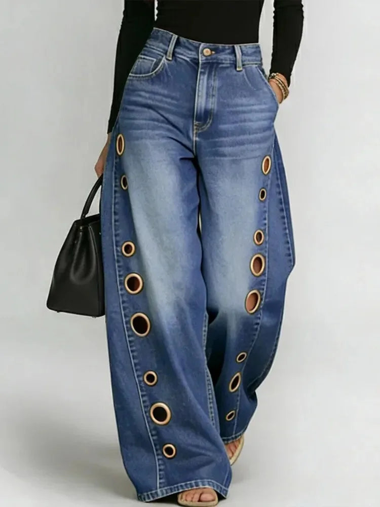 Women's Washed Blue High-Waist Metal Grommet Wide Leg Jeans 2026 Casual Loose Fit Streetwear Pants Casual Trousers
