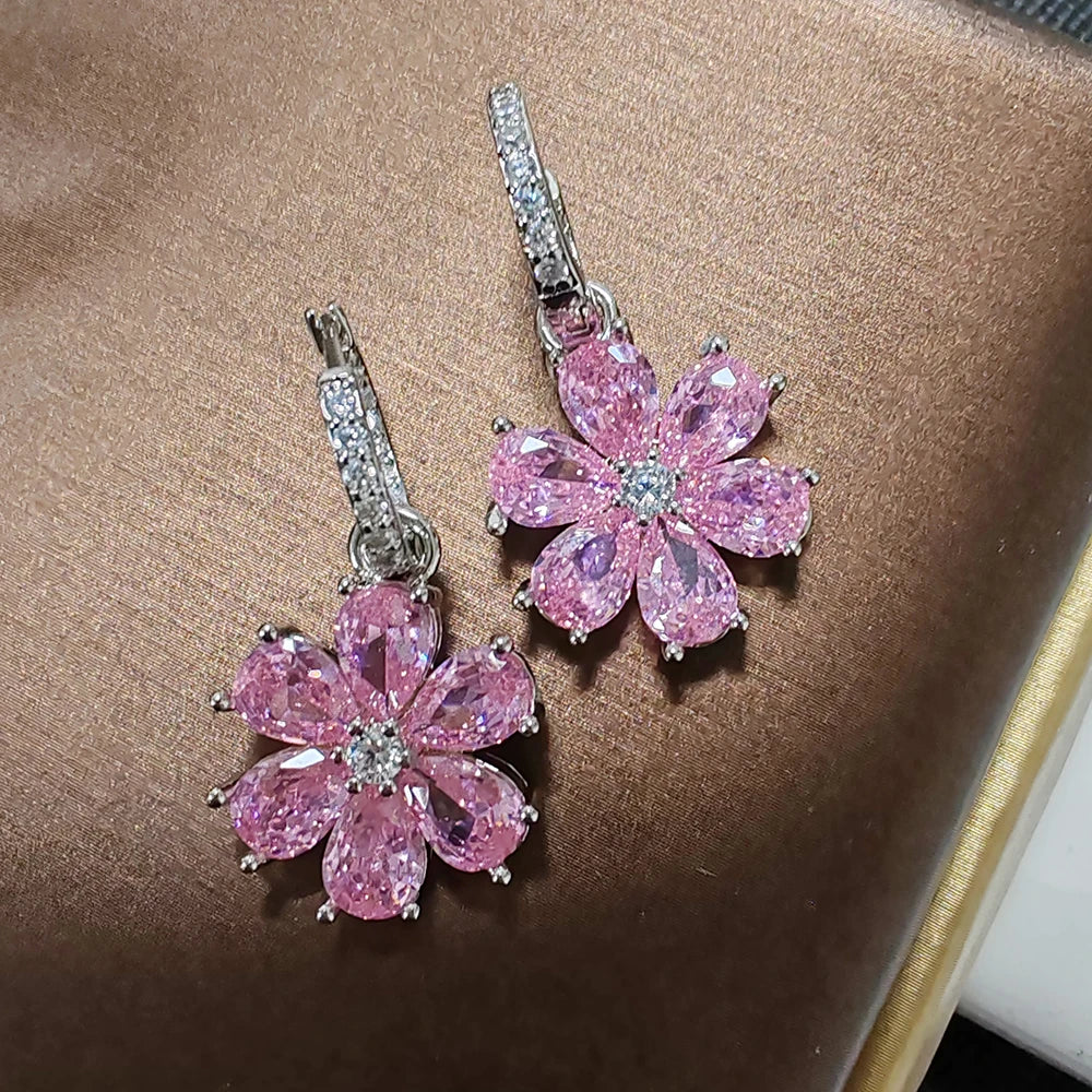 Sterling Silver Flower Zircon Drop Earrings — Pink | KIMLUD