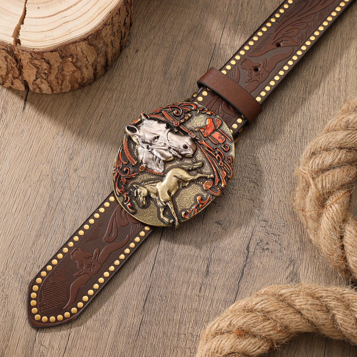 Retro Western PU Embossed Buckle Belt — Brown | KIMLUD