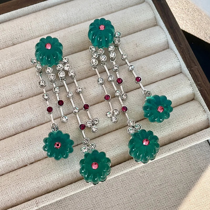 Vintage Blue Glass Pumpkin Bead Tassel Earrings for Women Party Jewelry