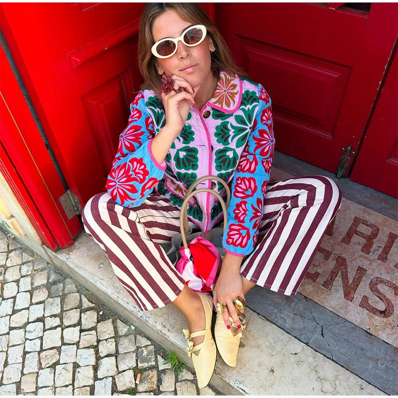 Women Print Cotton Jacket Colorful Casual Turn-down Collar Long Sleeve Single Breasted Pocket Jackets Autumn Winter Fashion Coat