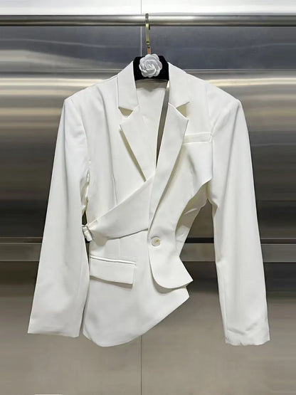 Polyester Cotton Solid Asymmetrical Blazer — Black | KIMLUD