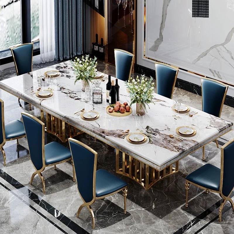 Marble Dining Table Rectangular With Stainless Steel Frame And Marble Surface — White | KIMLUD