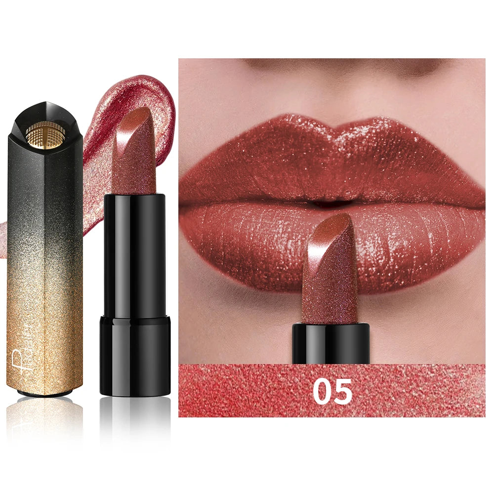 Pudaier Pearly Metallic Shimmer Lipstick, Glitter Shine Finish, Creamy Smooth Texture, High Pigment Party Makeup