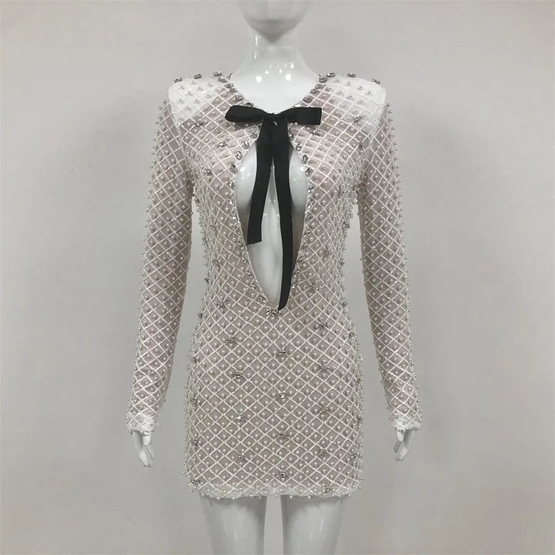Pearl-Dusted Sheath Dress With Black Satin Bow Neck — White | KIMLUD
