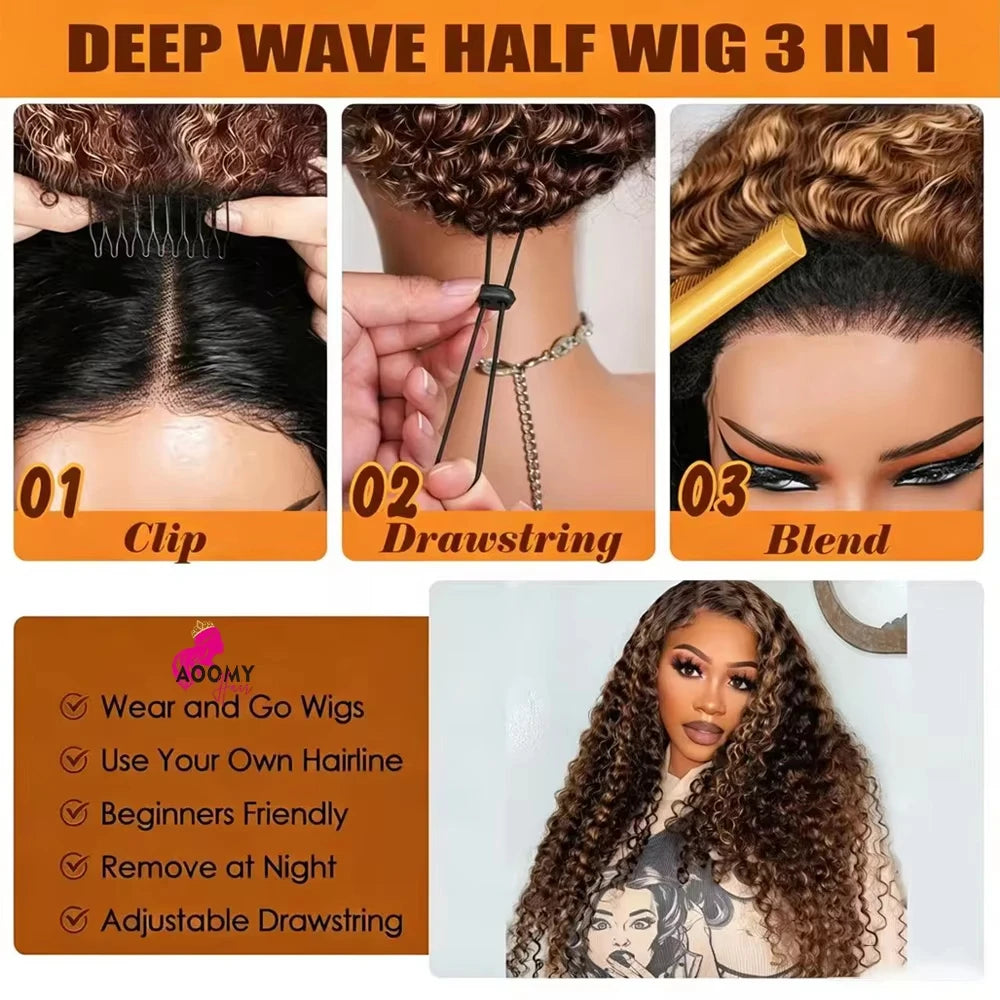 Half Wig – 3 In 1 Drawstring Glueless – Remy Human Hair – Long | KIMLUD