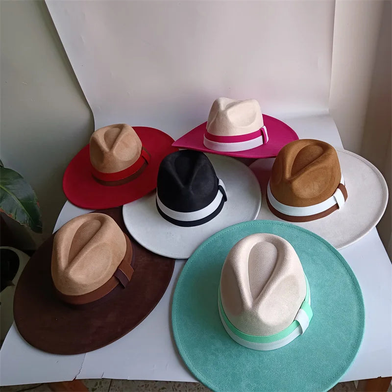 Suede Colorblock Wide-Brim Unisex Hat — Brown | KIMLUD