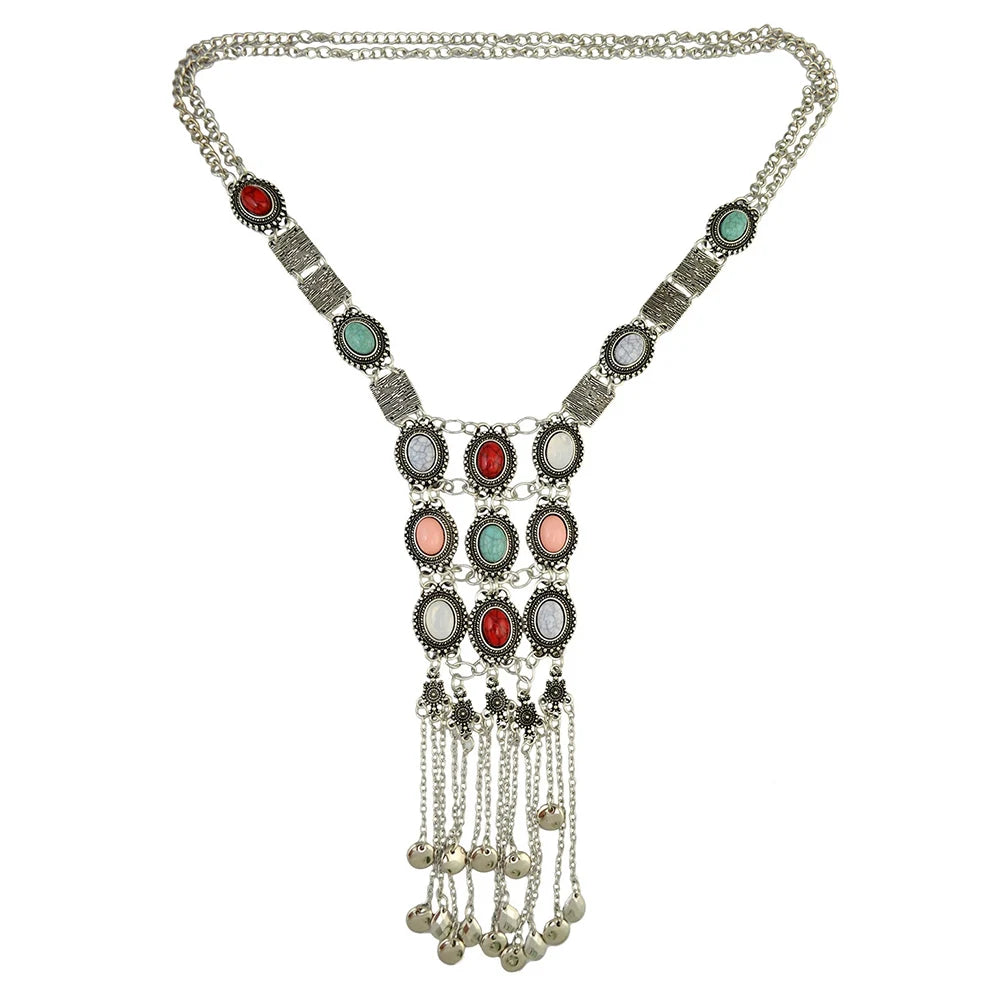 Pendant Necklace – Multi Layer Tassel Bell Turquoise Gemstone – Zinc Alloy | KIMLUD