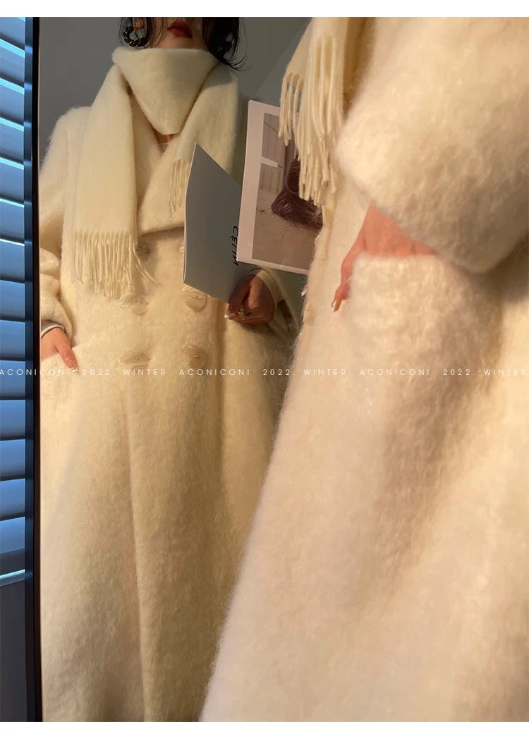 Coat – Double Breasted Long – Wool Blends – White | KIMLUD