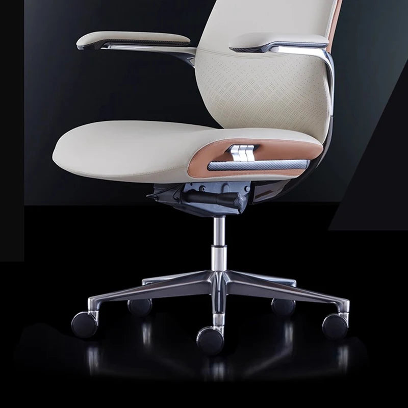Leather Executive Office Chair With Ergonomic Back Support And Five Star Alloy Base — Cream Beige | KIMLUD