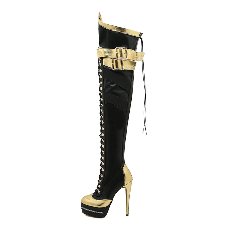 2025 Sexy Women Pointed Toe Thigh High Boots Stiletto Heel Pumps Over The Knee Bootie Platform Zipper Cross Strap Buckle Punk