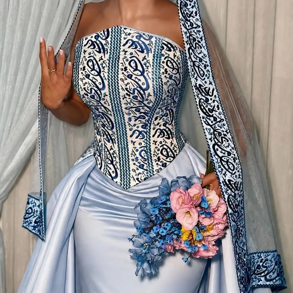 Evening Dress – Corset Print – Taffeta – Light Blue | KIMLUD
